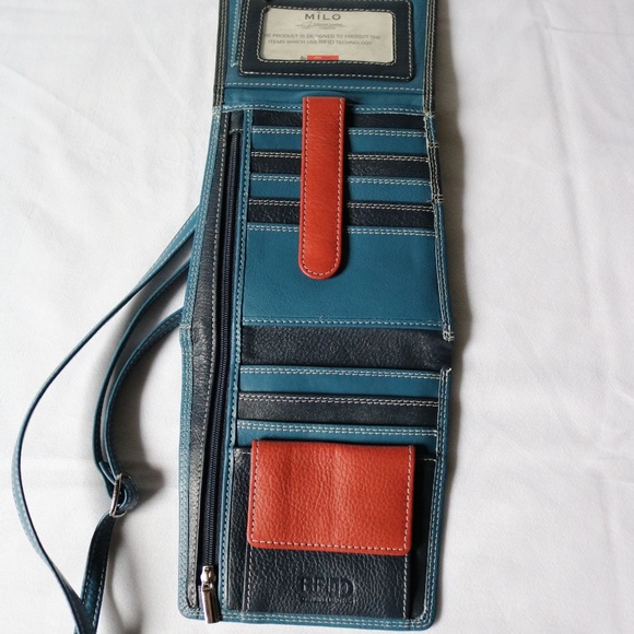 MILO Blue Canadian Made Leather Crossbody Purse Wallet RFID Technology Travel - Picture 5 of 8